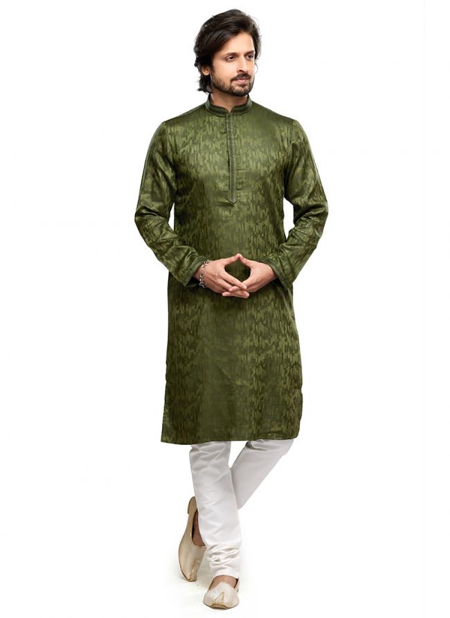 Green Art Silk Party Wear Thread Work Readymade Mens Kurta Pajama