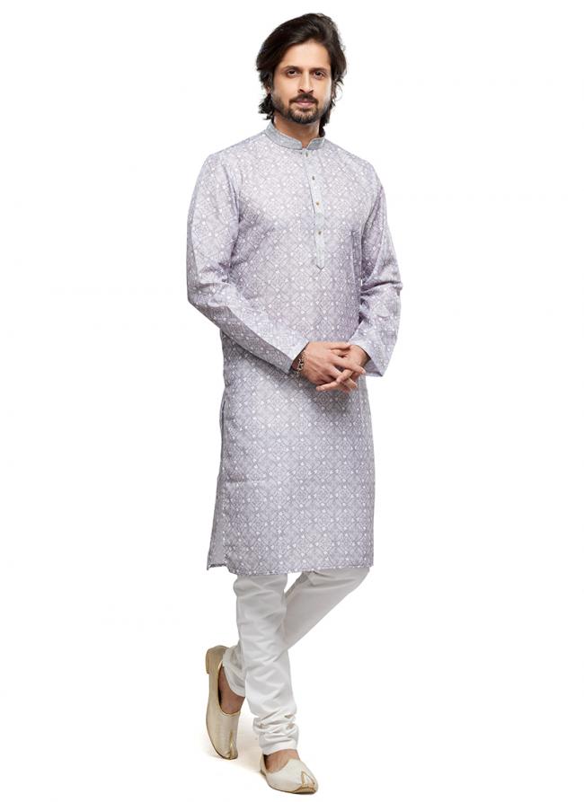 Grey Cotton Party Wear Thread Work Readymade Mens Kurta Pajama