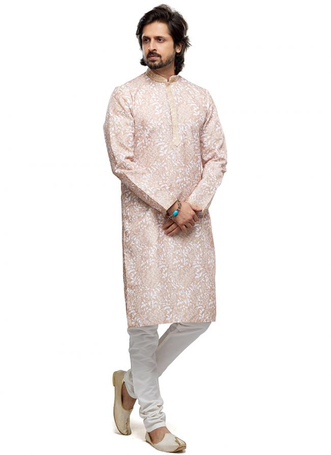 Light Peach Cotton Party Wear Thread Work Readymade Mens Kurta Pajama