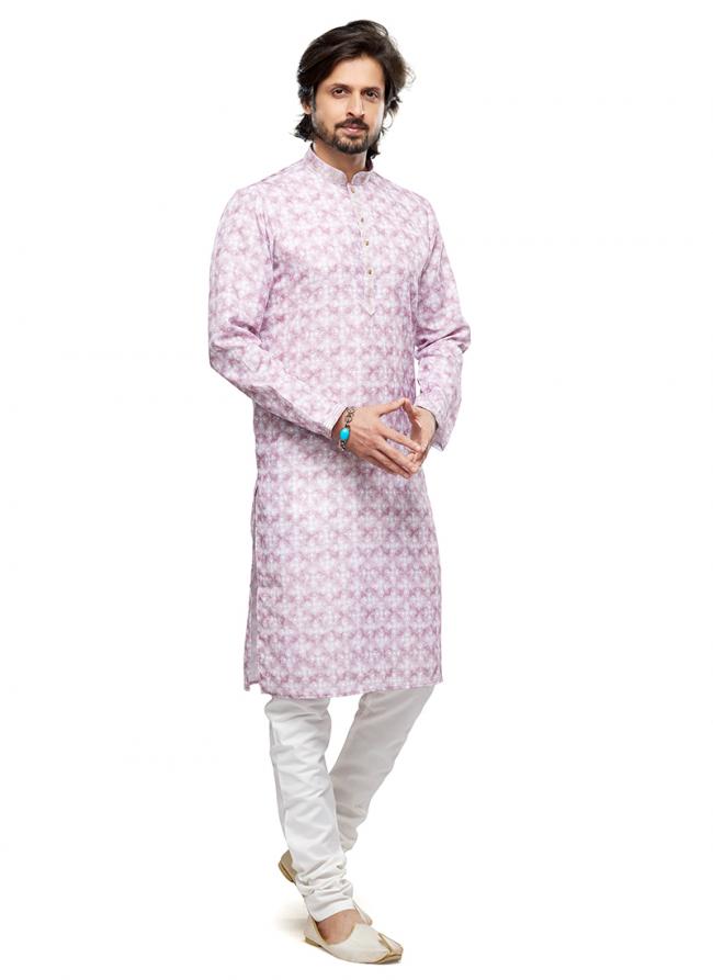 Light Pink Cotton Party Wear Thread Work Readymade Mens Kurta Pajama