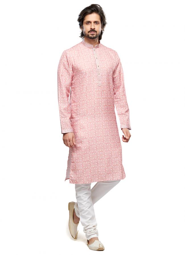 Pink Cotton Party Wear Thread Work Readymade Mens Kurta Pajama