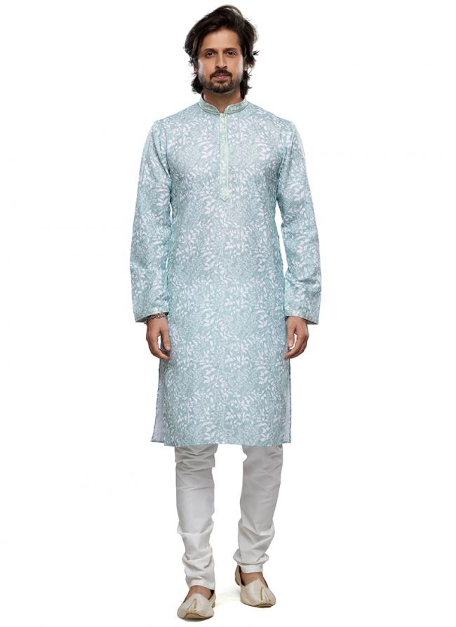 Sky Blue Cotton Party Wear Thread Work Readymade Mens Kurta Pajama