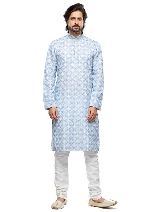 Sky Blue Cotton Party Wear Thread Work Readymade Mens Kurta Pajama