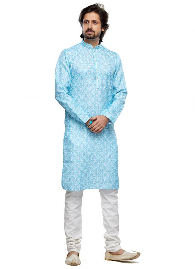 Sky Blue Cotton Party Wear Thread Work Readymade Mens Kurta Pajama