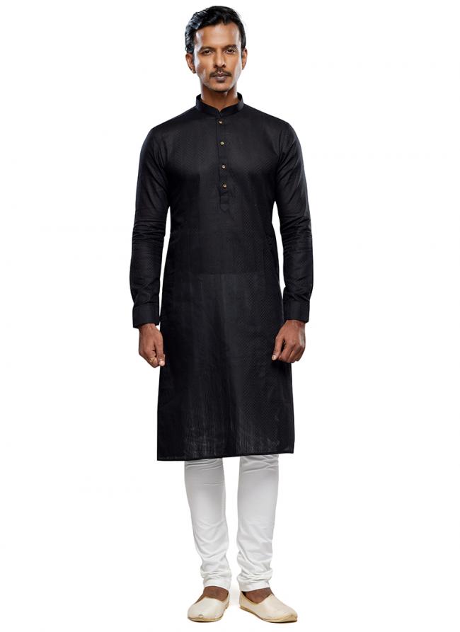 Black Art Silk Party Wear Thread Work Readymade Mens Kurta Pajama