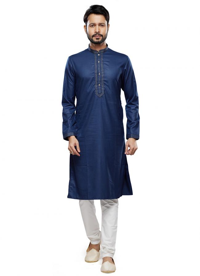 Blue Art Silk Party Wear Thread Work Readymade Mens Kurta Pajama