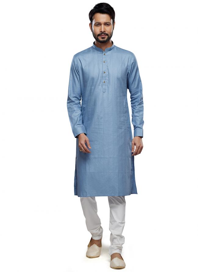 Blue Art Silk Party Wear Thread Work Readymade Mens Kurta Pajama