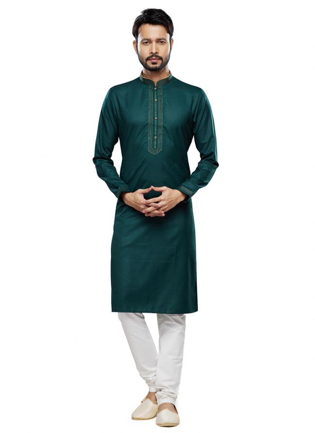 Green Art Silk Party Wear Thread Work Readymade Mens Kurta Pajama