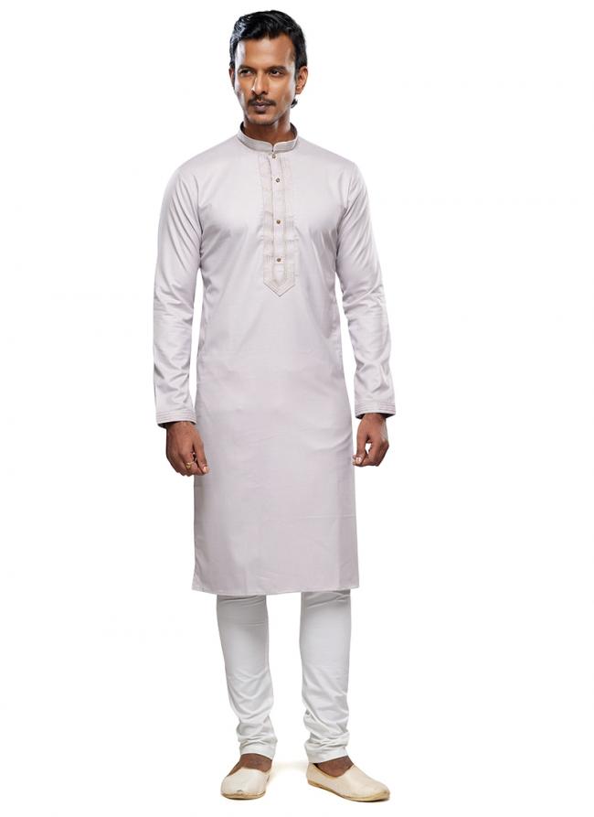 Light Grey Art Silk Party Wear Thread Work Readymade Mens Kurta Pajama