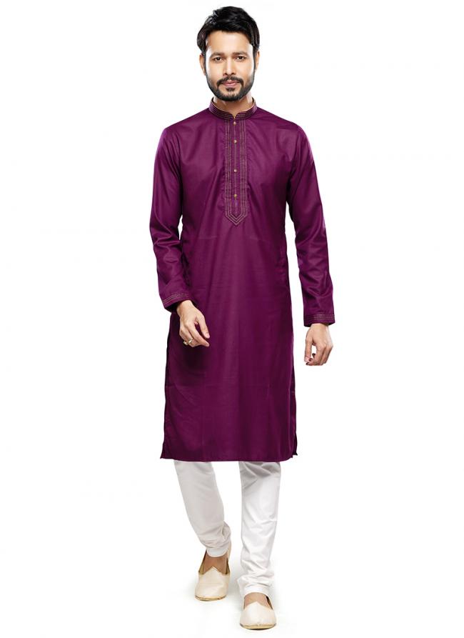 Magenta Art Silk Party Wear Thread Work Readymade Mens Kurta Pajama