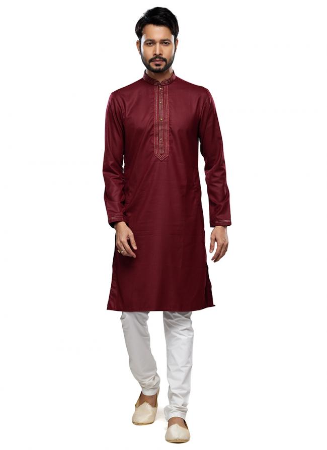 Maroon Art Silk Party Wear Thread Work Readymade Mens Kurta Pajama