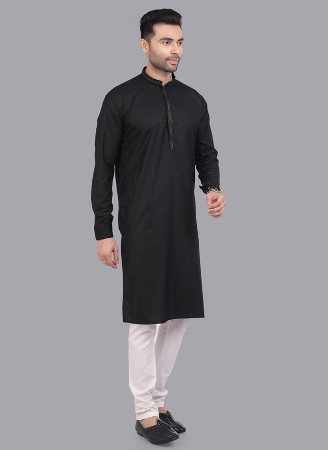 Black Art Silk Party Wear Thread Work Readymade Mens Kurta Pajama