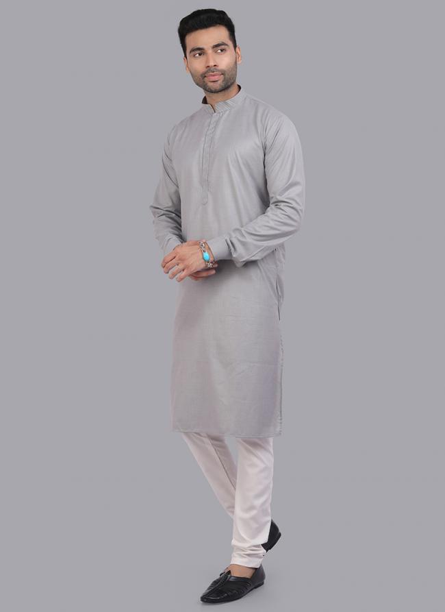 Grey Art Silk Party Wear Thread Work Readymade Mens Kurta Pajama