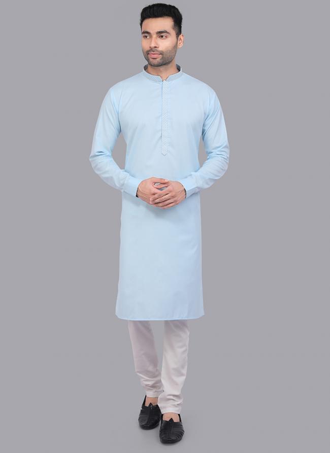 Sky Blue Art Silk Party Wear Thread Work Readymade Mens Kurta Pajama