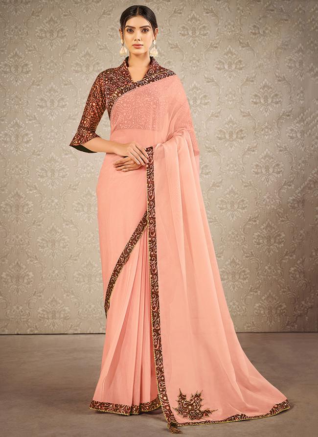 Peach Silk Tissue Party Wear Digital Printed Saree