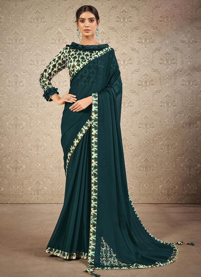 Teal Blue Silk Georgette Party Wear Digital Printed Saree