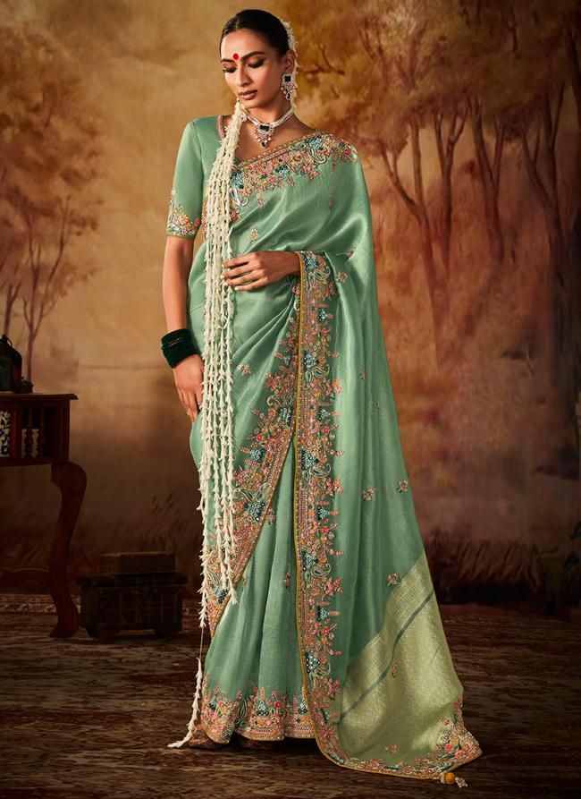 Teal Green Pure Banarasi Kanjivaram Wedding Wear Embroidery Work Saree