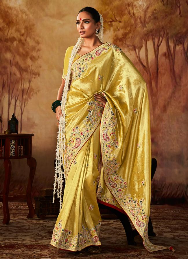 yellow Pure Banarasi Kanjivaram Wedding Wear Embroidery Work Saree
