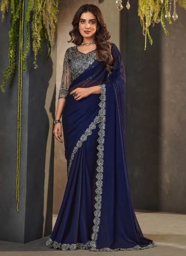 Blue Two Tone Georgette Party Wear Embroidery Work Saree