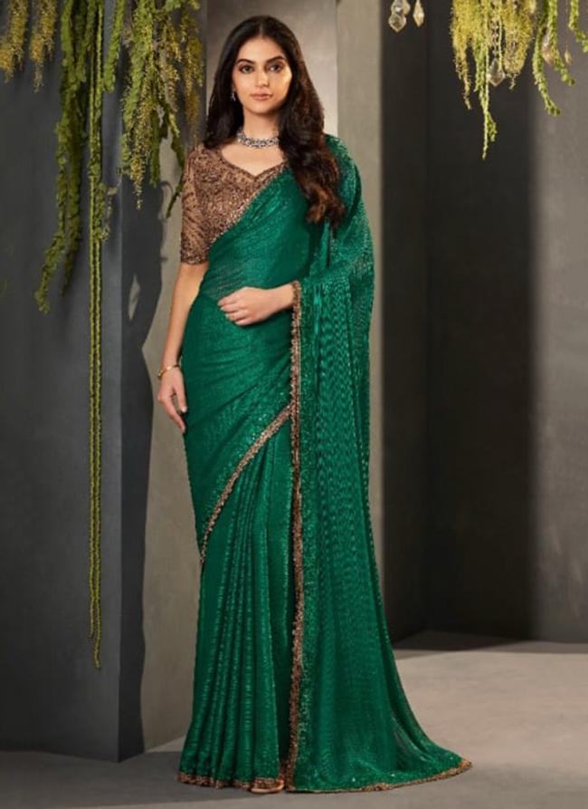 Green Sattin Stripe Party Wear Embroidery Work Saree