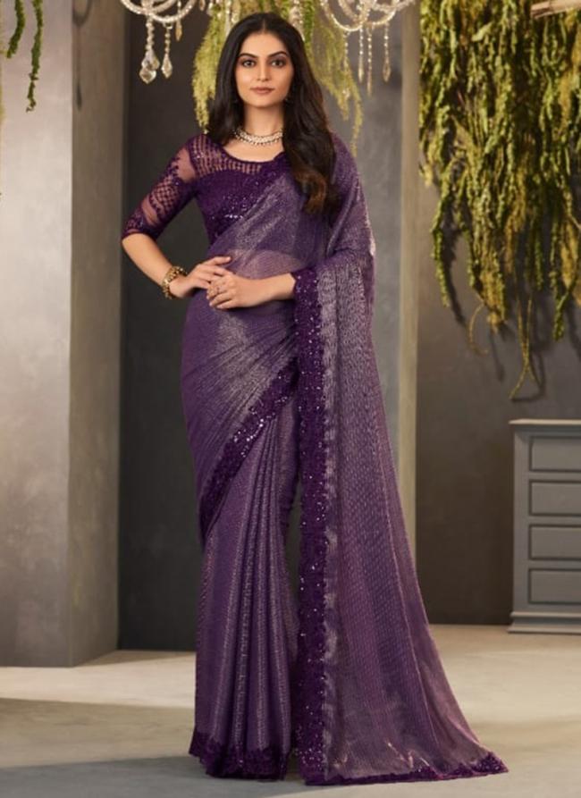 purple Chiffon Shimmer Stripe Party Wear Embroidery Work Saree