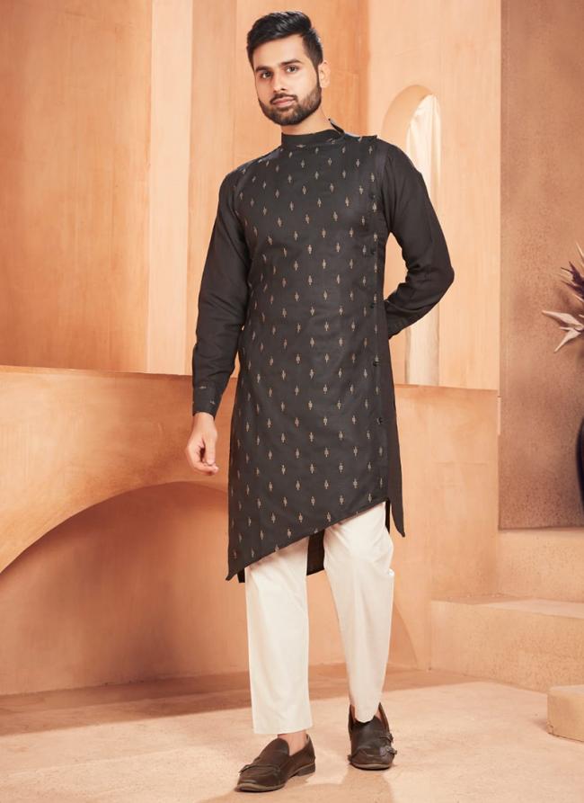 Black Heavy Magic Cotton Slub Party Wear Embroidery Work Readymade Mens Kurta Pajama