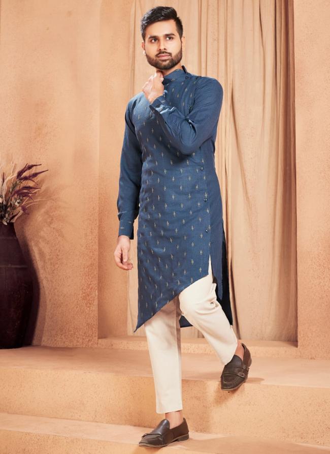 Blue Heavy Magic Cotton Slub Party Wear Embroidery Work Readymade Mens Kurta Pajama