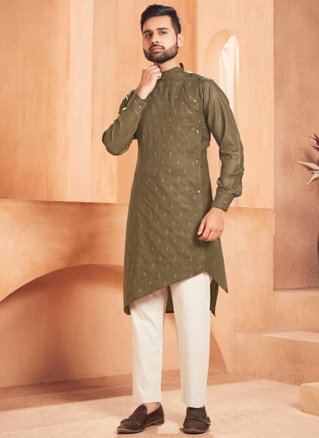 Green Heavy Magic Cotton Slub Party Wear Embroidery Work Readymade Mens Kurta Pajama