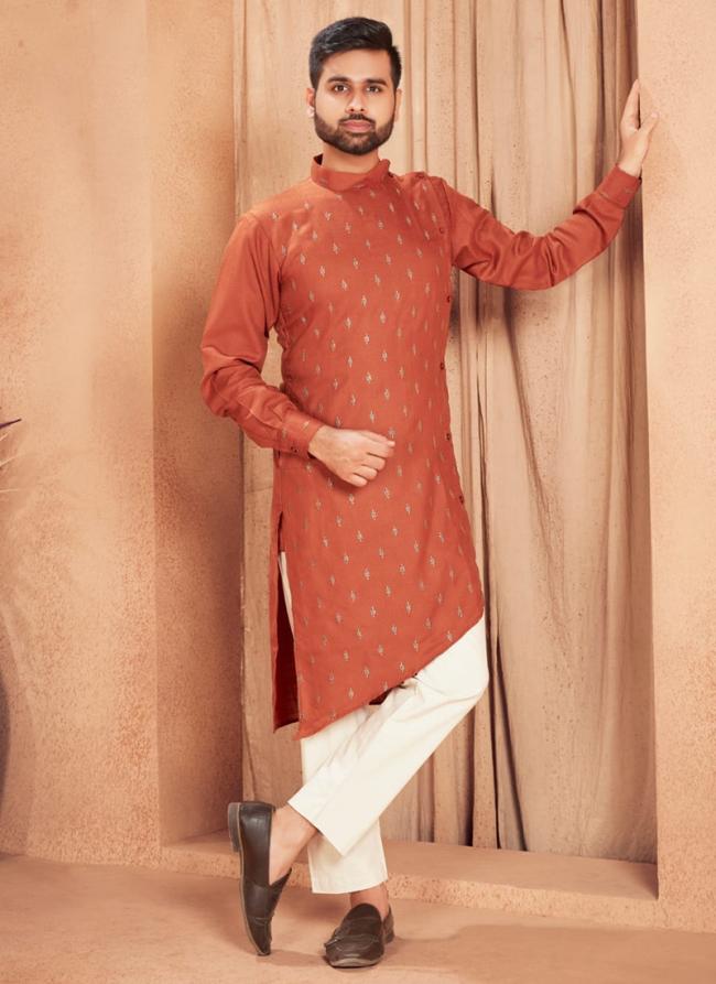 Orange Heavy Magic Cotton Slub Party Wear Embroidery Work Readymade Mens Kurta Pajama