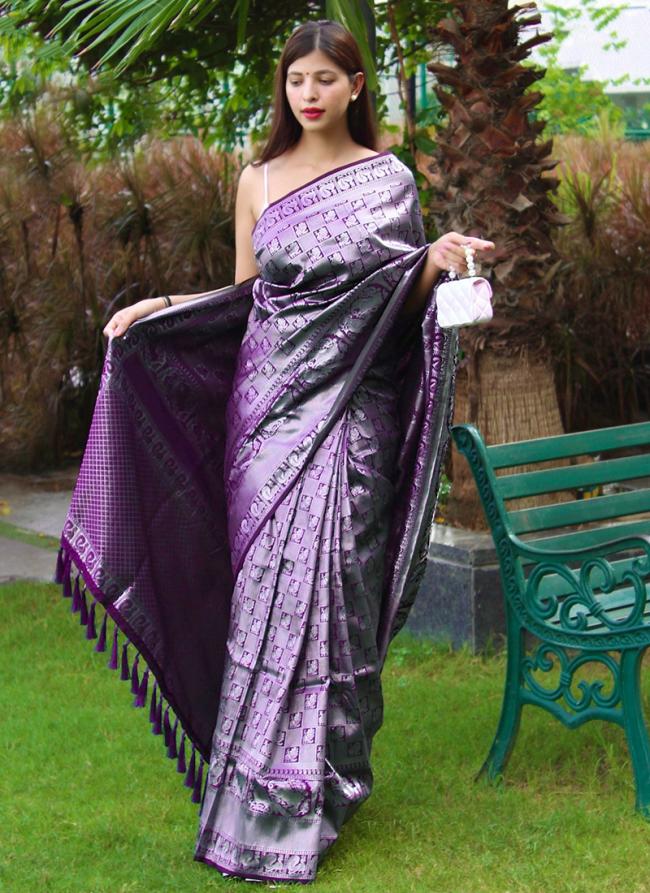 Purple Blue Pure Silk Party Wear Weaving Saree