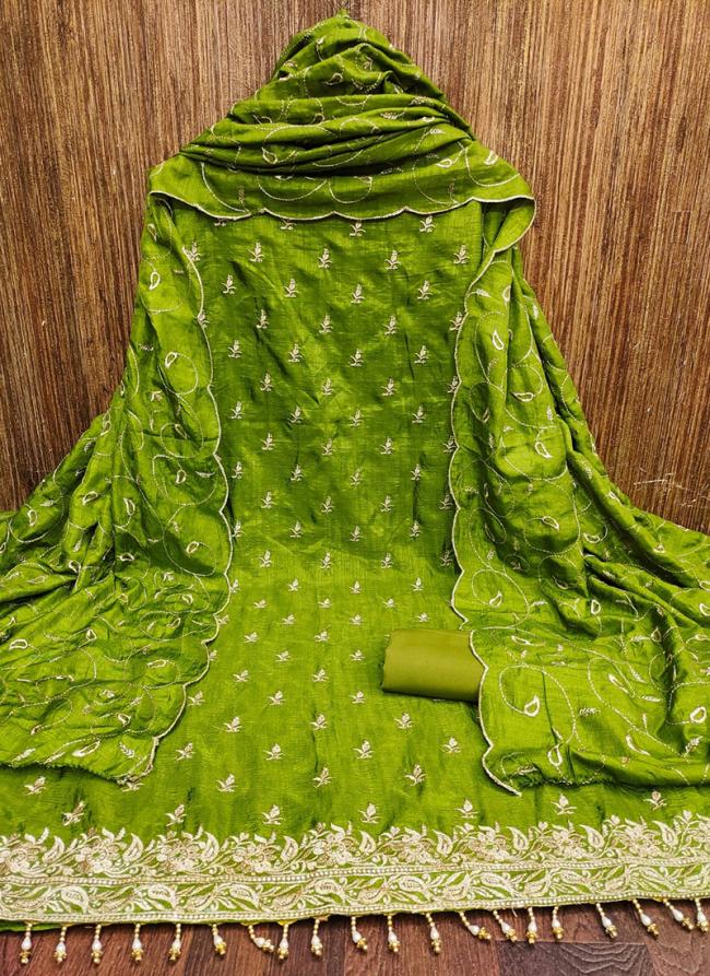 Green Vichitra Silk Festival Wear Zari Work Dress Material
