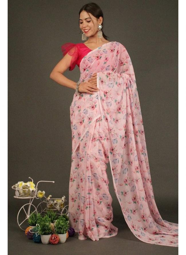 Baby Pink Soft Georgette Party Wear Digital Printed Saree