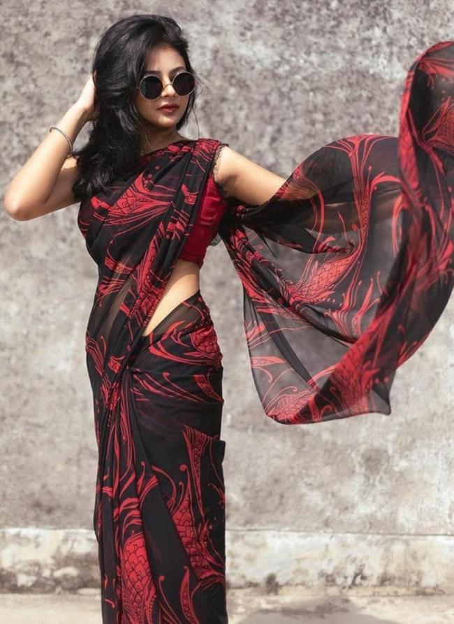 Red Black Soft Georgette Party Wear Digital Printed Saree