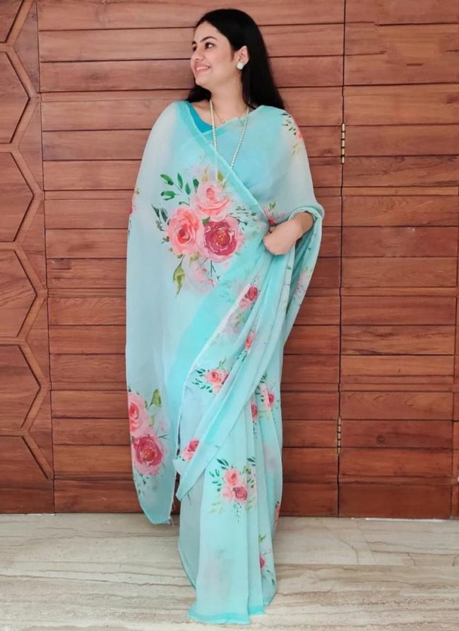 Sky Blue Soft Georgette Party Wear Digital Printed Saree