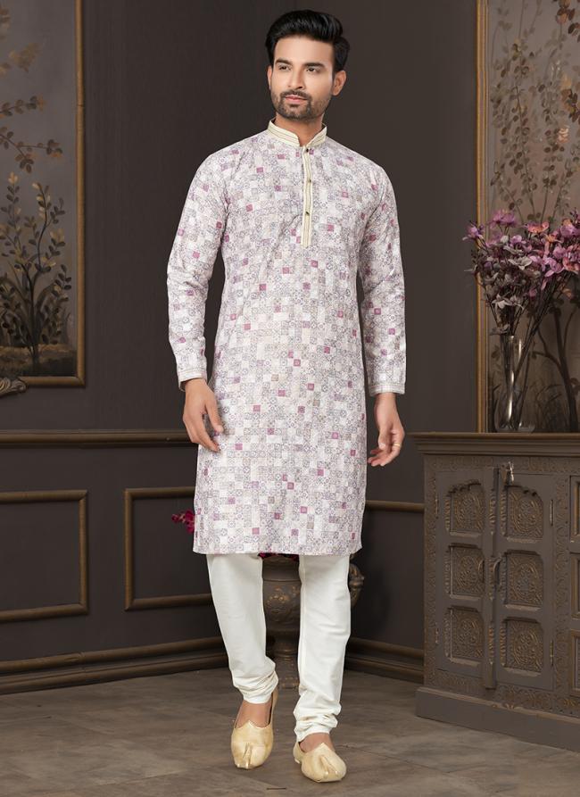 Heavy Cotton Off White Party Wear Digital Printed Readymade Kurta Pajama