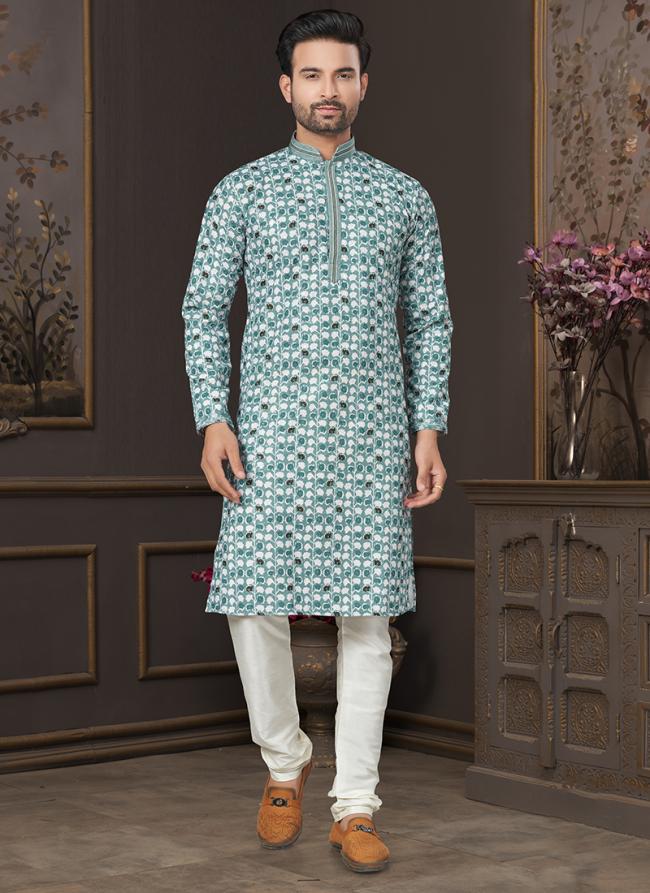 Heavy Cotton Sky Blue Party Wear Digital Printed Readymade Kurta Pajama