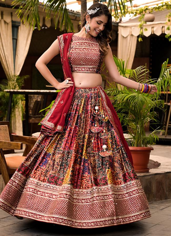 Dull Sattin Maroon Wedding Wear Digital Printed Readymade Lehenga Choli