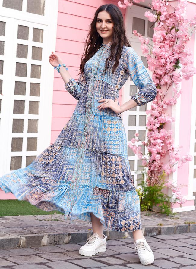 Crepe Light Blue Party Wear Digital Printed Readymade Long Dress