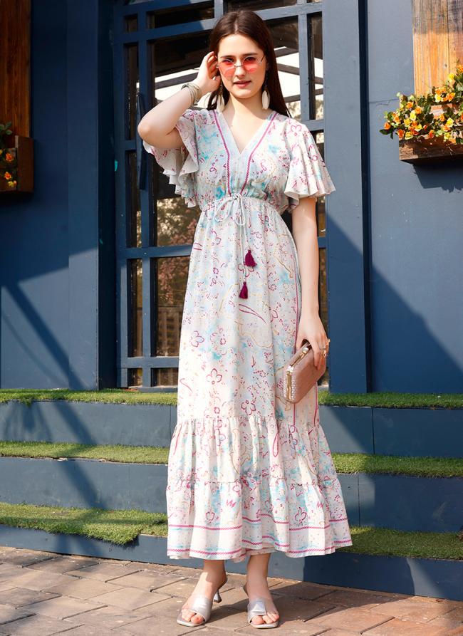 Crepe Off White Party Wear Digital Printed Readymade Long Dress