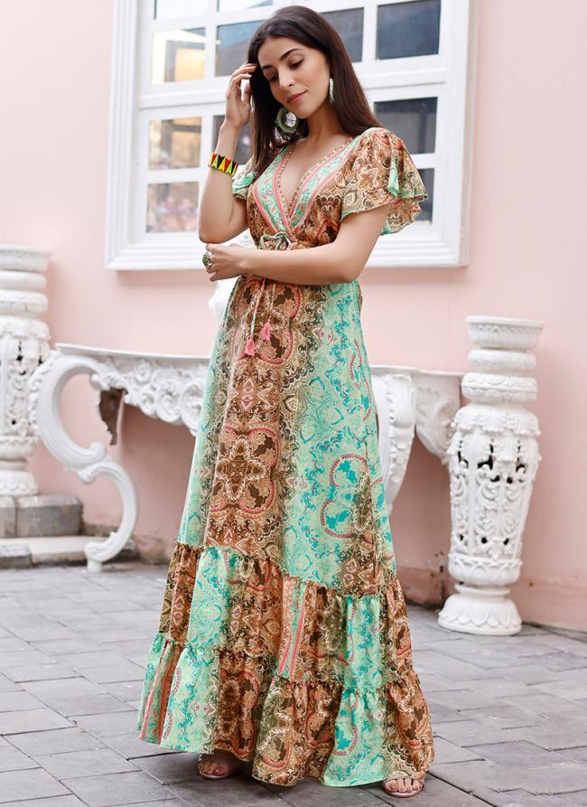 Crepe Sea Green Party Wear Digital Printed Readymade Long Dress