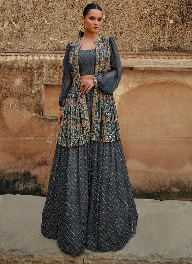 Chinnon Silk Grey Party Wear Embroidery Work Ready To Wear Lehenga Choli