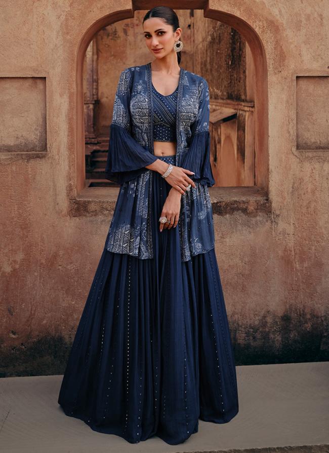 Chinnon Silk Navy Blue Party Wear Embroidery Work Ready To Wear Lehenga Choli