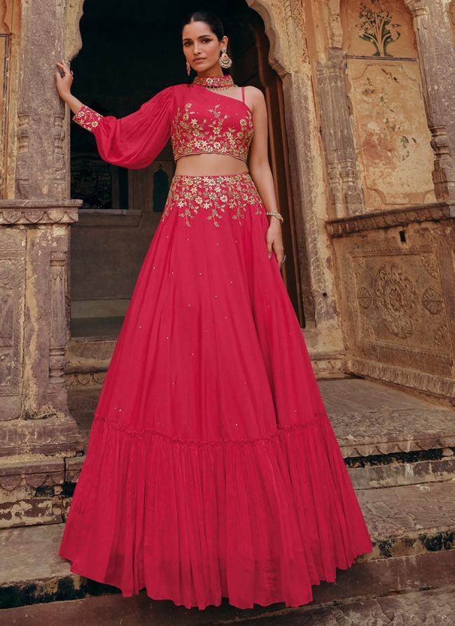 Chinnon Silk Rani Pink Party Wear Embroidery Work Ready To Wear Lehenga Choli