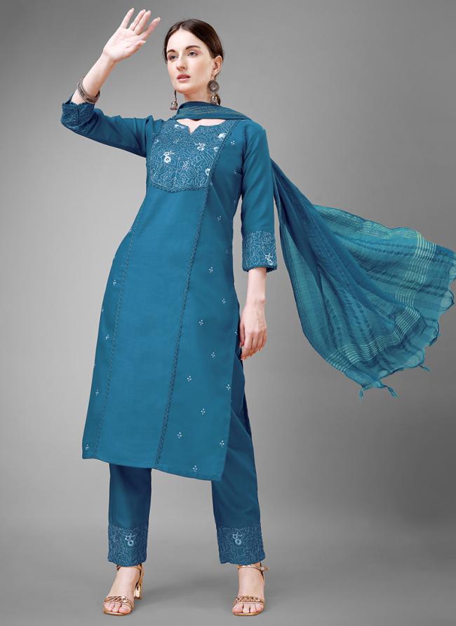 Cotton Blend Blue Casual Wear Embroidery Work Readymade Salwar Suit