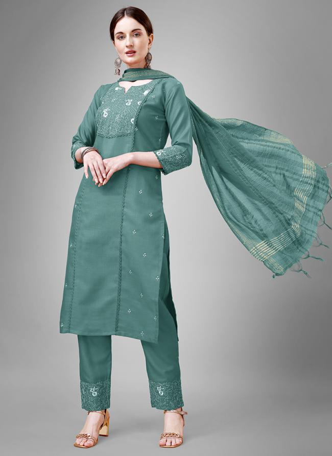 Cotton Blend Firozi Casual Wear Embroidery Work Readymade Salwar Suit