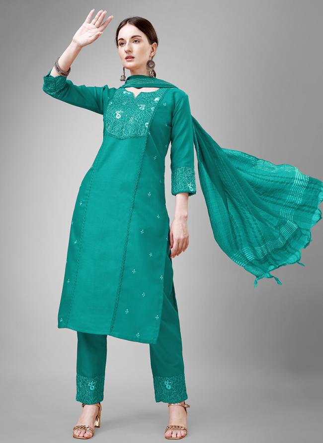 Cotton Blend Teal Casual Wear Embroidery Work Readymade Salwar Suit