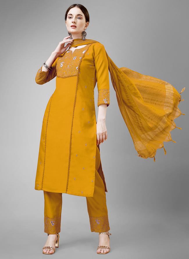 Cotton Blend Yellow Casual Wear Embroidery Work Readymade Salwar Suit