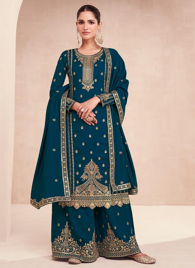Blue Premium Silk Party Wear Embroidery Work Plazzo Suit