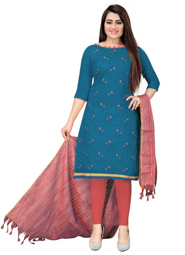 Blue Banarasi Cotton Casual Wear Embroidery Work Dress Material