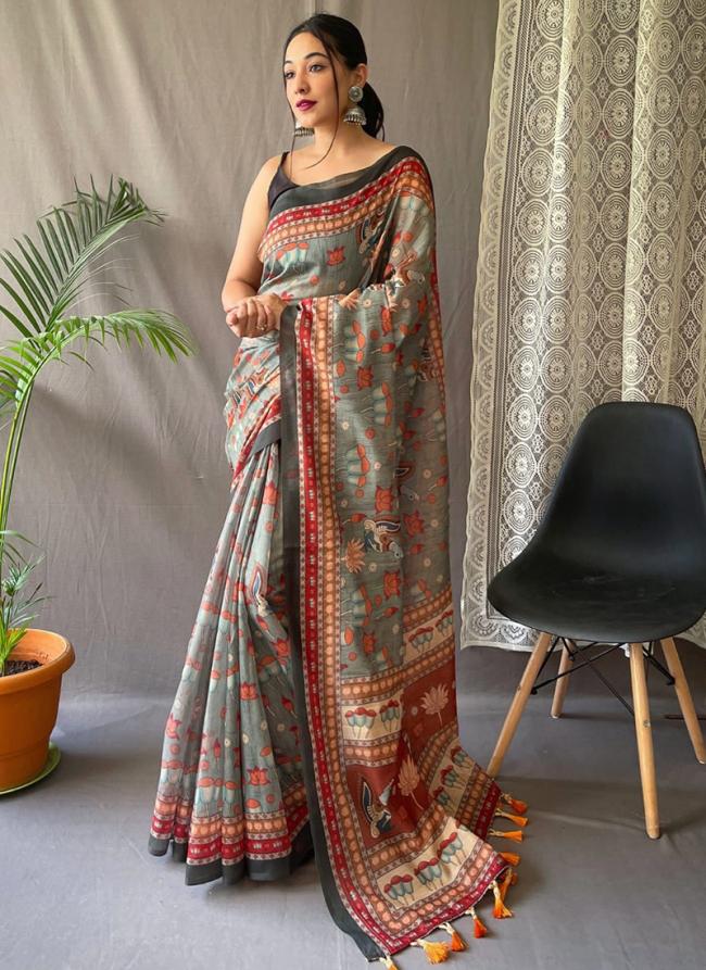 Grey Malai Cotton Party Wear Digital Printed Saree